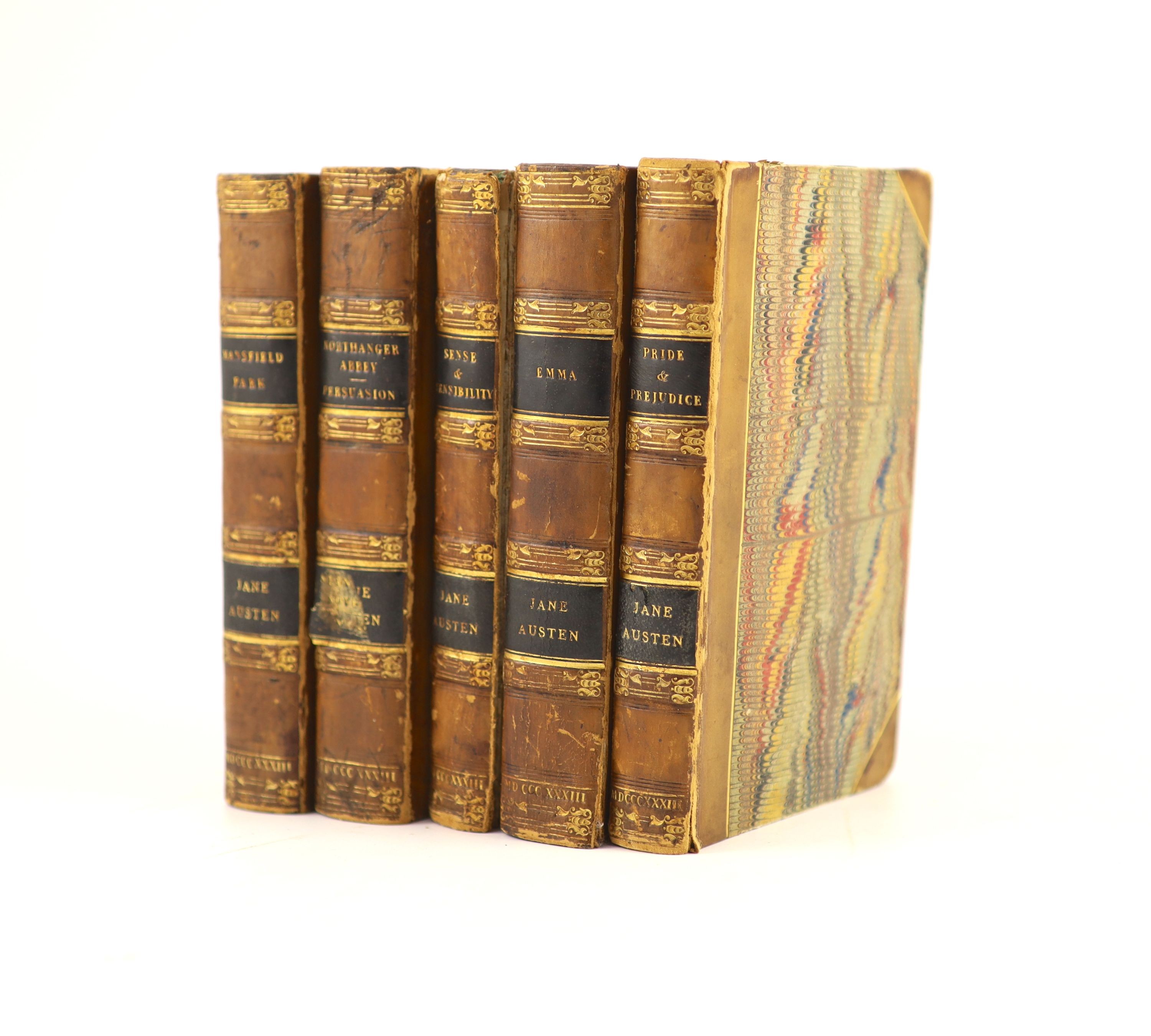Austen, Jane - (Collected Novels), 5 vols, 1st editions of Bentley’s Standard Novels Edition, pictorial engraved and printed title and frontispiece to each volume, mid/later 19th calf and marbled boards, gilt-ruled and d